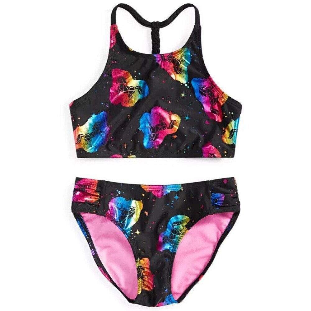 Breaking Waves Big Girls 2-Pc. High Neck Allover Unicorn Swimsuit Multi Size 7